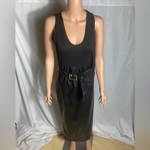 Commense Black Faux Leather Midi Dress Belted Minimalist Luxe NWT M
